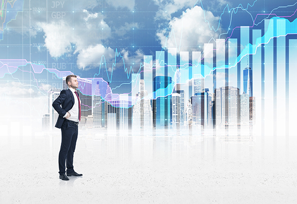 Full-length confident person in formal suit. A sketch of New York city and forex chart on the background. A concept of the asset management.