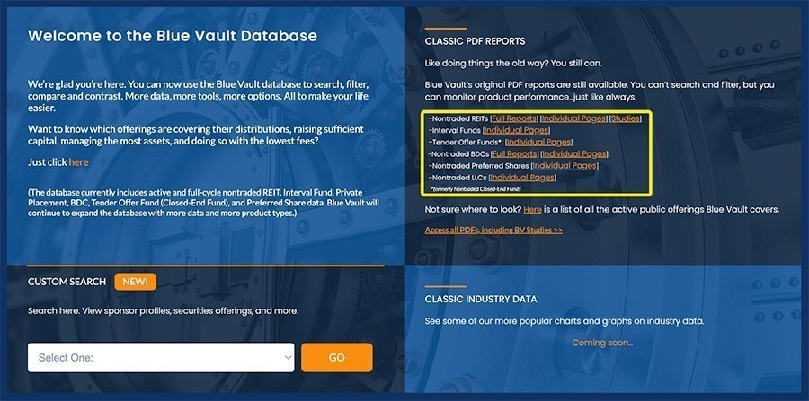 Blue Vault has research for nontraded REITs and BDCs, interval and tender offer funds, private securities offerings, and more